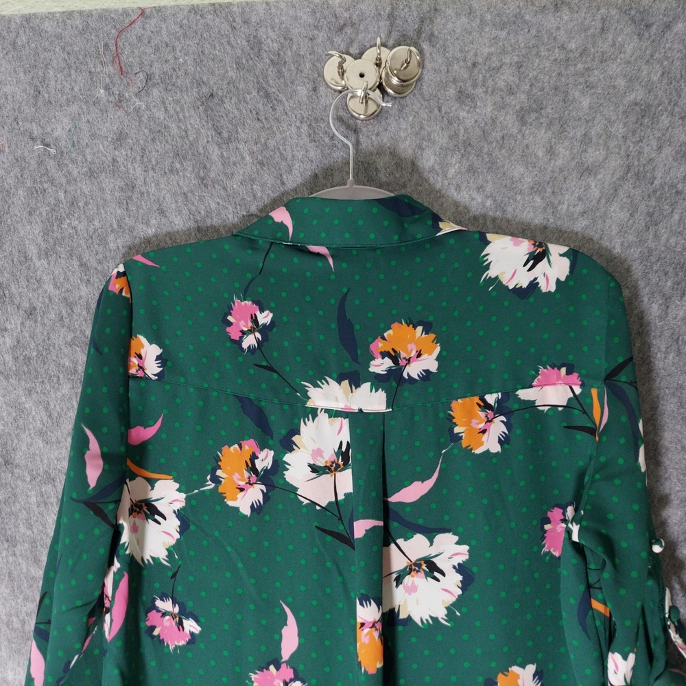 Express Womens Portofino Blouse S Green Floral Polka Dot Slim Roll Tab Top - Picture 7 of 8